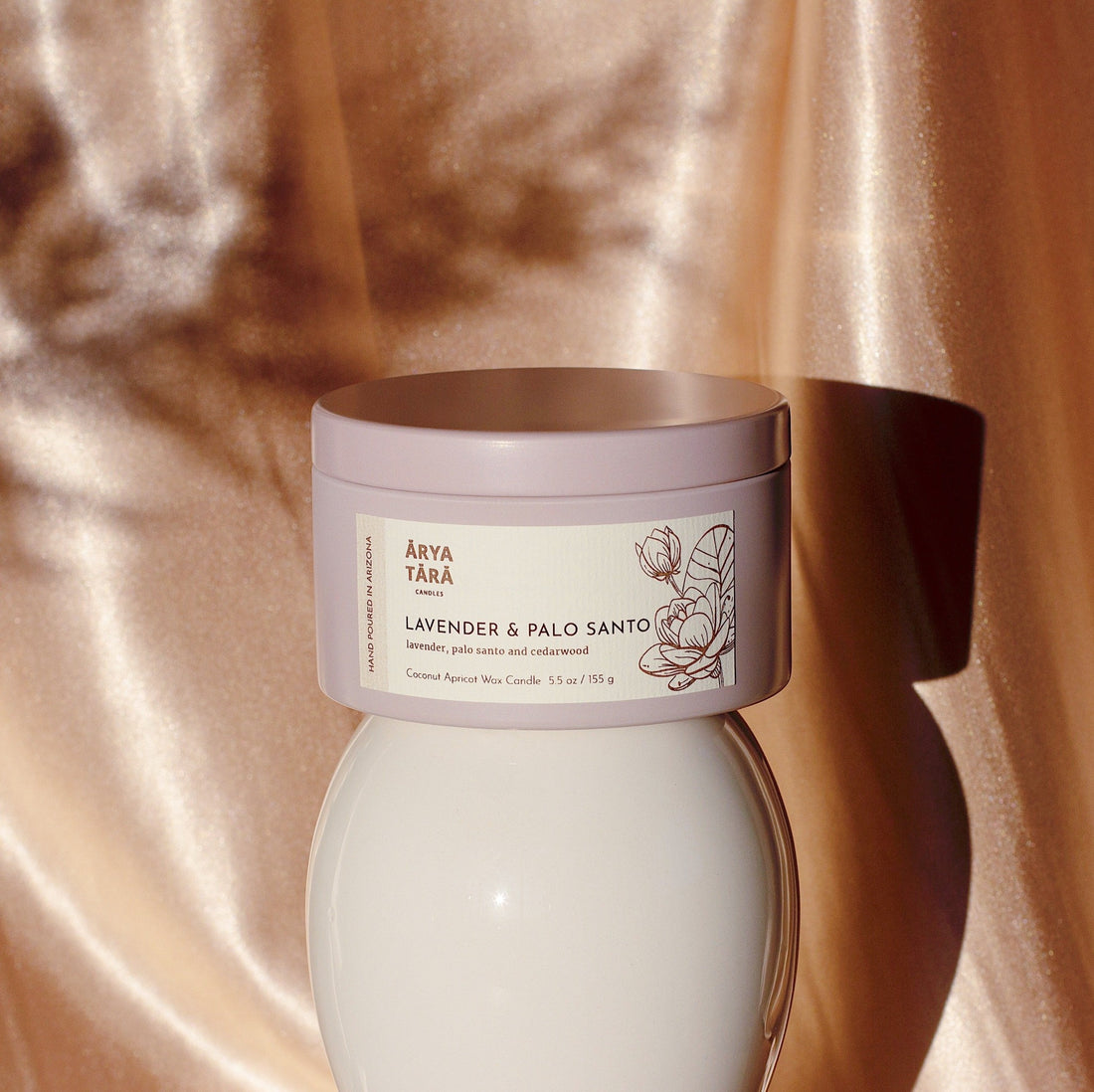 Lavender and Palo Santo Candle by Arya Tara Candles. Provence lavender, palo santo and Atlas cedarwood. French lavender and South American palo santo scented candle. Non-toxic natural candle made with coconut apricot wax, lead-free zinc-free wicks, premium fragrances. Luxury candle, natural candle. Made in Tucson Arizona, hand poured candle in small batch.