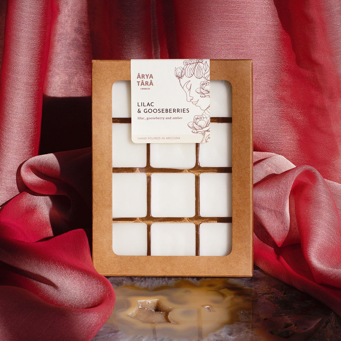 Lilac and Gooseberries Wax Melt by Arya Tara Candles. Witcher fandom scent, Yennefer scent, Yennefer perfume, Yennefer of Vengerberg. Made with coconut blend wax and premium fragrances. Recyclable packaging. Perfect autumn scented wax melt for fall decor home design home fragrances. Luxury wax melt. Made in Tucson Arizona, hand poured wax melt in small batch.