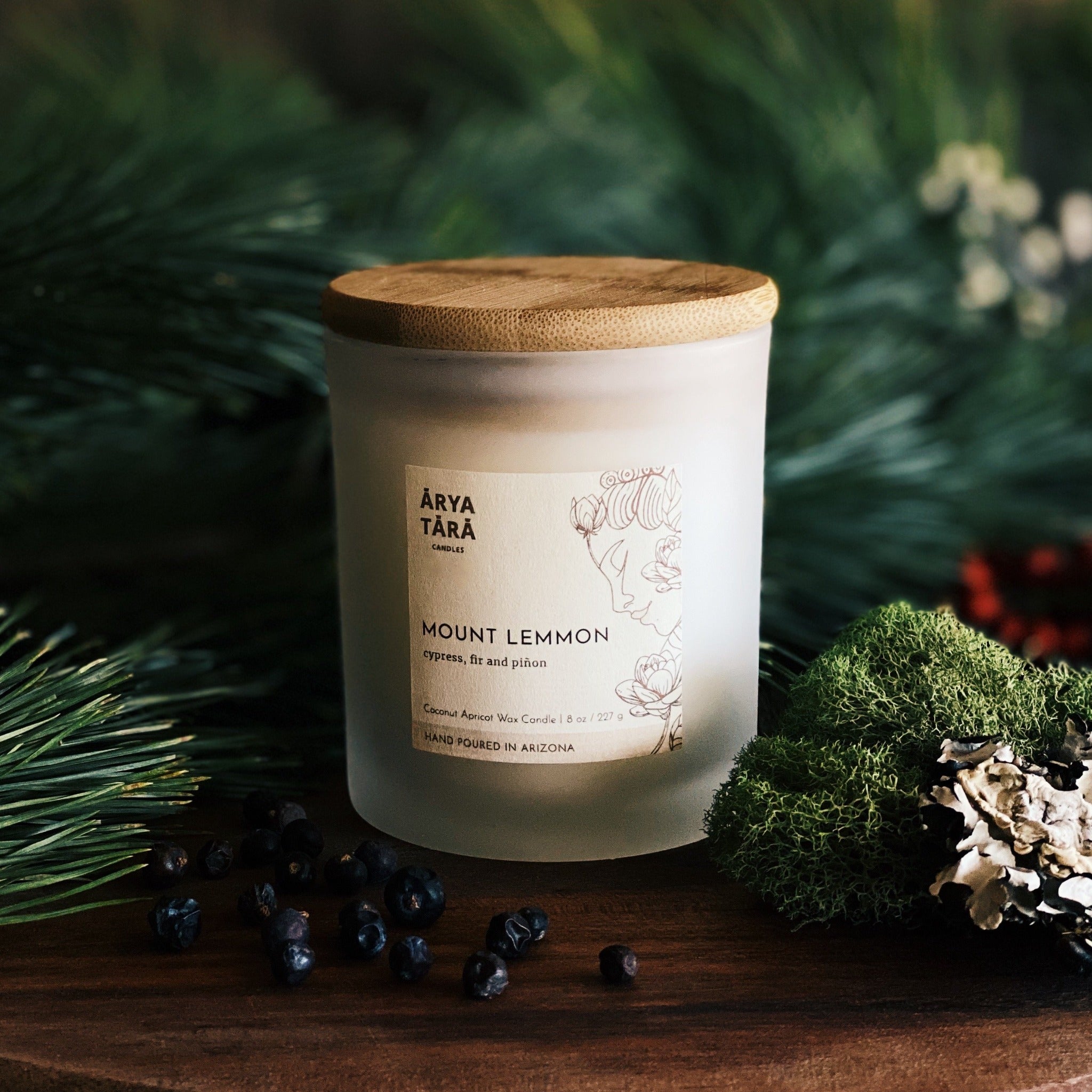 Mount Lemmon scented candle by Arya Tara Candles. a refreshing combination of cypress, fir, pinyon pine and tree moss. Mountain scented candle, forest scented candle, moss scented candle. Luxury candle, natural candle. Made in Tucson Arizona, hand poured candle in small batch. Non-toxic natural candle made with coconut apricot wax, lead-free zinc-free wicks, premium fragrances.