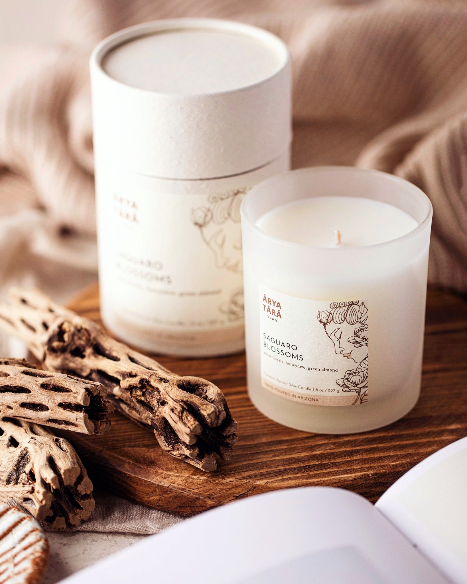 Saguaro Blossoms Candle by Arya Tara Candles. Cactus flower scented candle. Jasmine, magnolia, lily of the valley, honeydew melon, green almond, vanilla. Luxury candle, natural candle. Made in Tucson Arizona, hand poured candle in small batch. Non-toxic natural candle made with coconut apricot wax, lead-free zinc-free wicks, premium fragrances.