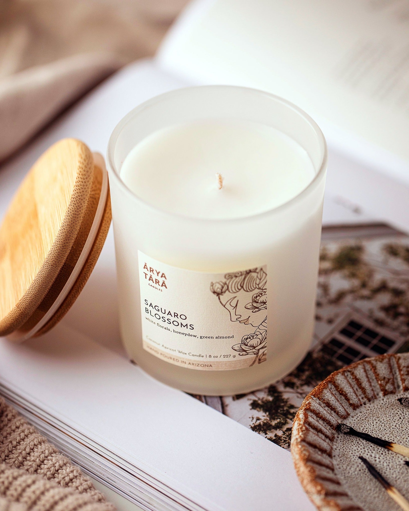 Saguaro Blossoms Candle by Arya Tara Candles. Cactus flower scented candle. Jasmine, magnolia, lily of the valley, honeydew melon, green almond, vanilla. Luxury candle, natural candle. Made in Tucson Arizona, hand poured candle in small batch. Non-toxic natural candle made with coconut apricot wax, lead-free zinc-free wicks, premium fragrances.