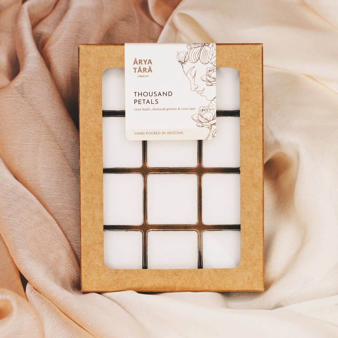Thousand Petals Wax Melt by Arya Tara Candles. Rose petal scent, floral fragrance. Rose buds, Damask rose petals, rose jam. Rose oil wax melt, rose essential oil. Premium wax melt made with coconut wax. Luxury wax melt. Made in Tucson Arizona, hand poured wax melt in small batch. Self care wax melt.